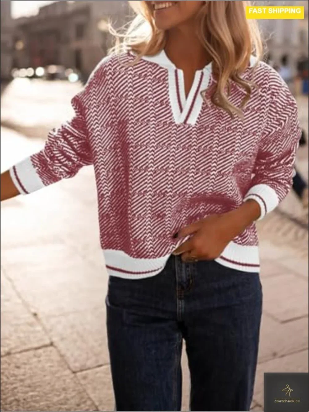 Women's V-Neck Lapel Color Block Chunky Knit Pullover Sweater Long Sleeve